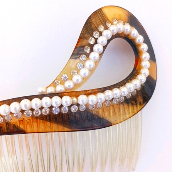 VINTAGE HAIRCOMB tortoise shell faux pearls rhinestones hairclip large - Picture 7 of 7